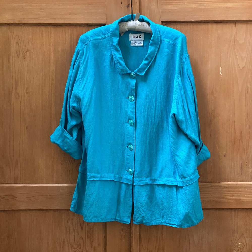 FLAX Cozy Cardigan top in Aquatic 100% linen sz L